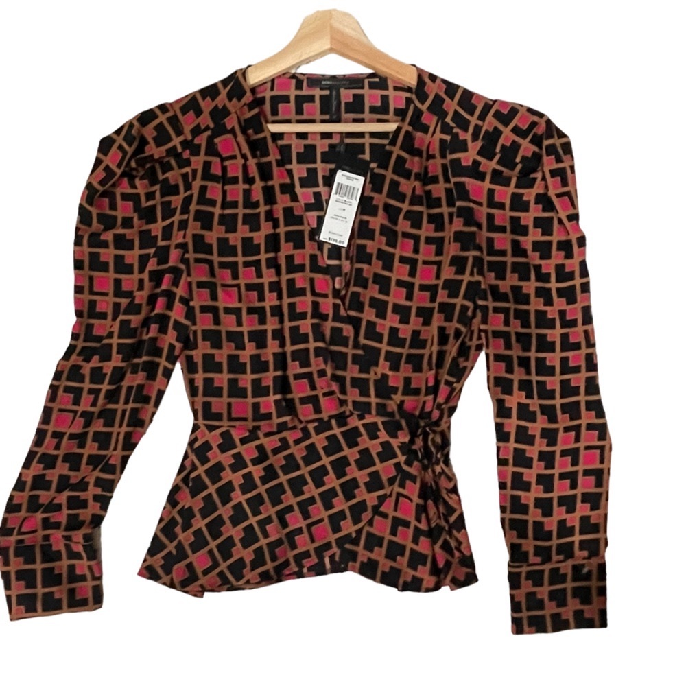 BCBGMaxAzria Black, Brown and Pink Geometric Wrap Blouse